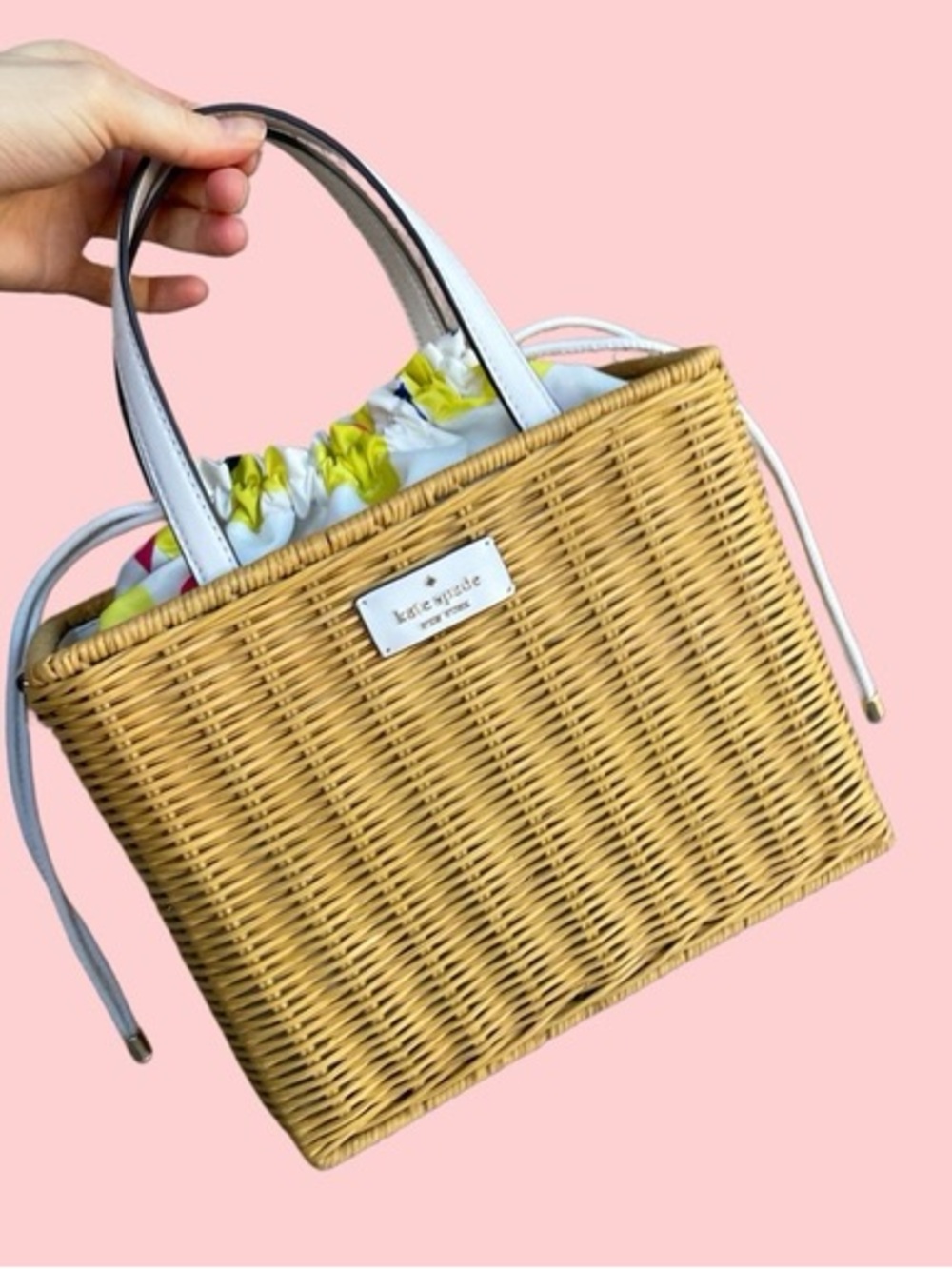 kate spade Wicker Crossbody Bag with White Handles and Multicolor Drawstring